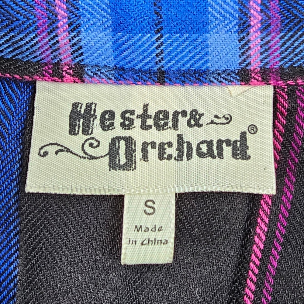 Hester & Orchard Shirt Women's Small Black Blue Plaid Roll Tab Sleeve Button-Up - Picture 7 of 11